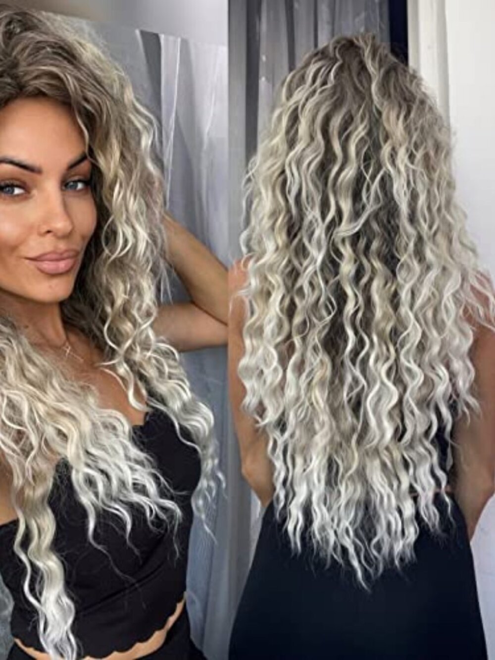 26 Inch Ombre Ash Blonde Curly Wig 80s Long Wavy Wigs For Women Big Volume